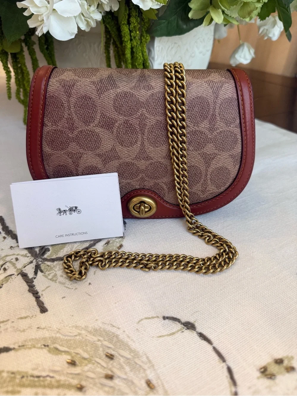Coach Small Signature Crossbody in Tan and Brown with Gold Chain